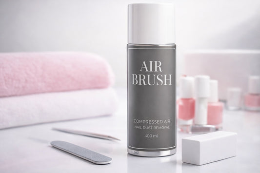 Puszka AIR BRUSH na stanowisku manicure obok ręczników i lakierów